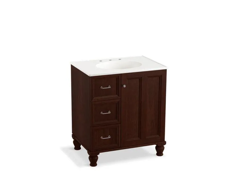 KOHLER K-99517-LGL-1WA Damask 30" bathroom vanity cabinet with furniture legs, 1 door and 3 drawers on left