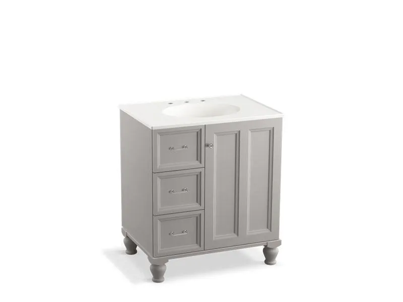 KOHLER K-99517-LGL-1WA Damask 30" bathroom vanity cabinet with furniture legs, 1 door and 3 drawers on left