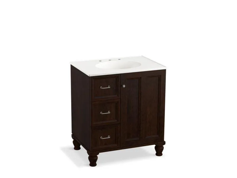 KOHLER K-99517-LGL-1WA Damask 30" bathroom vanity cabinet with furniture legs, 1 door and 3 drawers on left