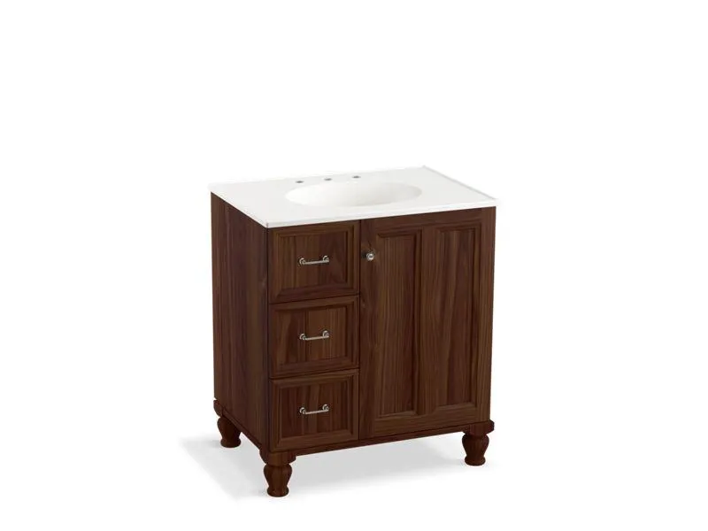 KOHLER K-99517-LGL-1WA Damask 30" bathroom vanity cabinet with furniture legs, 1 door and 3 drawers on left