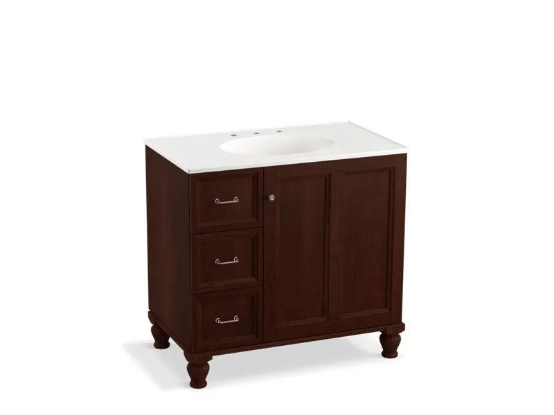 KOHLER K-99520-LGL-1WA Damask 36" bathroom vanity cabinet with furniture legs, 1 door and 3 drawers on left
