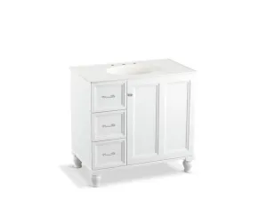 KOHLER K-99520-LGL-1WA Damask 36" bathroom vanity cabinet with furniture legs, 1 door and 3 drawers on left