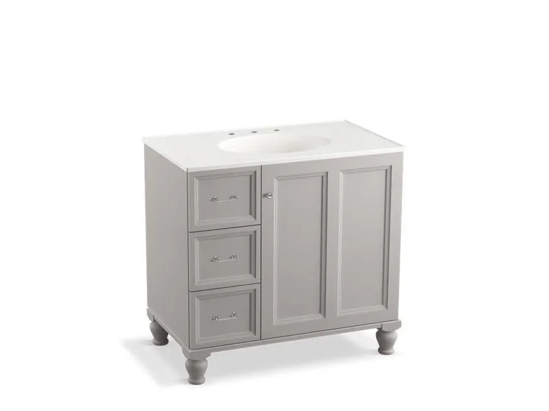 KOHLER K-99520-LGL-1WA Damask 36" bathroom vanity cabinet with furniture legs, 1 door and 3 drawers on left
