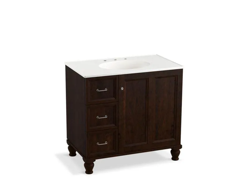KOHLER K-99520-LGL-1WA Damask 36" bathroom vanity cabinet with furniture legs, 1 door and 3 drawers on left