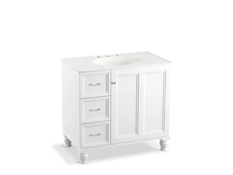 KOHLER K-99520-LGL-1WA Damask 36" bathroom vanity cabinet with furniture legs, 1 door and 3 drawers on left