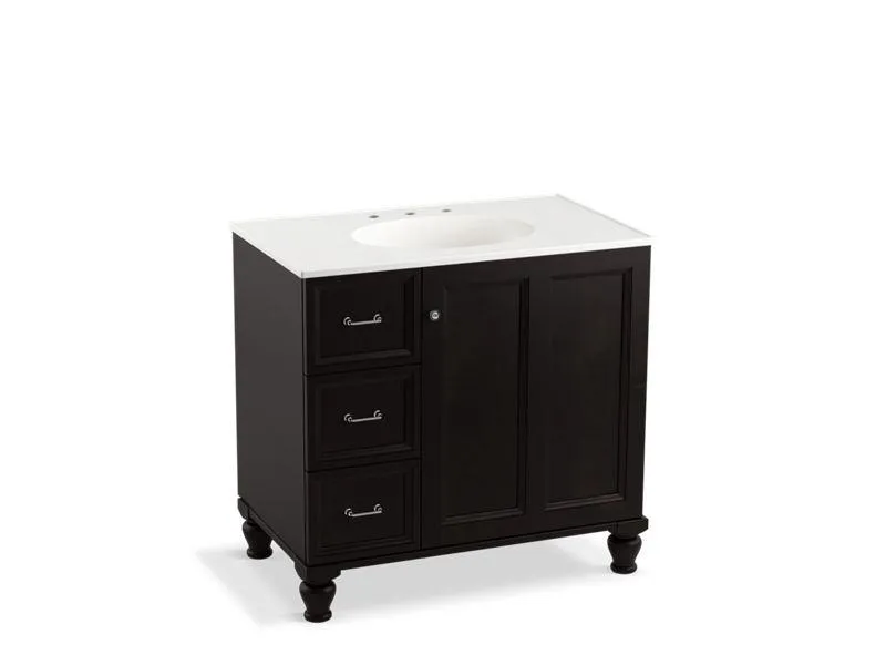 KOHLER K-99520-LGL-1WA Damask 36" bathroom vanity cabinet with furniture legs, 1 door and 3 drawers on left
