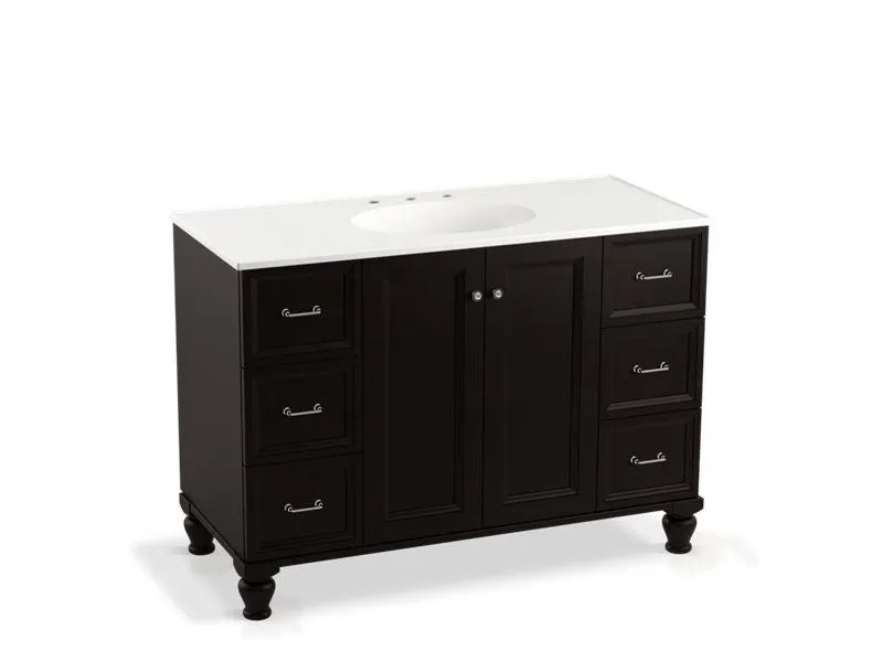 KOHLER K-99522-LGSD-1WA Damask 48" bathroom vanity cabinet with furniture legs, 2 doors and 6 drawers, split top drawers