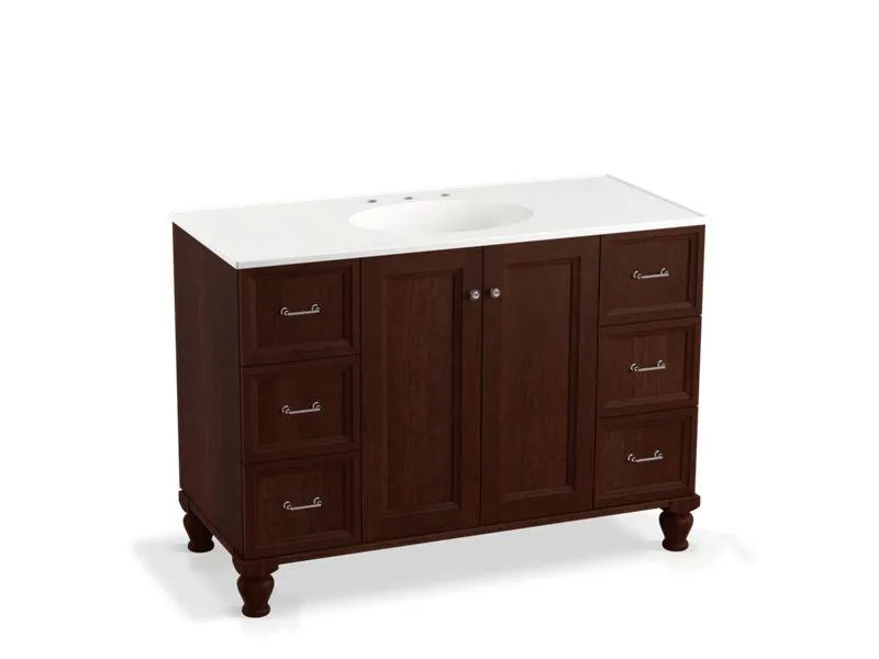 KOHLER K-99522-LGSD-1WA Damask 48" bathroom vanity cabinet with furniture legs, 2 doors and 6 drawers, split top drawers