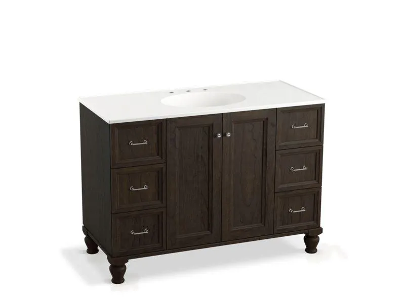 KOHLER K-99522-LGSD-1WA Damask 48" bathroom vanity cabinet with furniture legs, 2 doors and 6 drawers, split top drawers