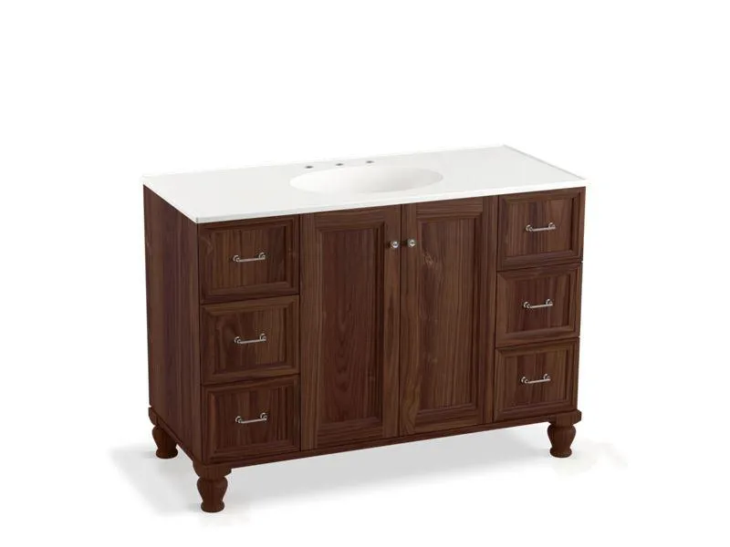 KOHLER K-99522-LGSD-1WA Damask 48" bathroom vanity cabinet with furniture legs, 2 doors and 6 drawers, split top drawers