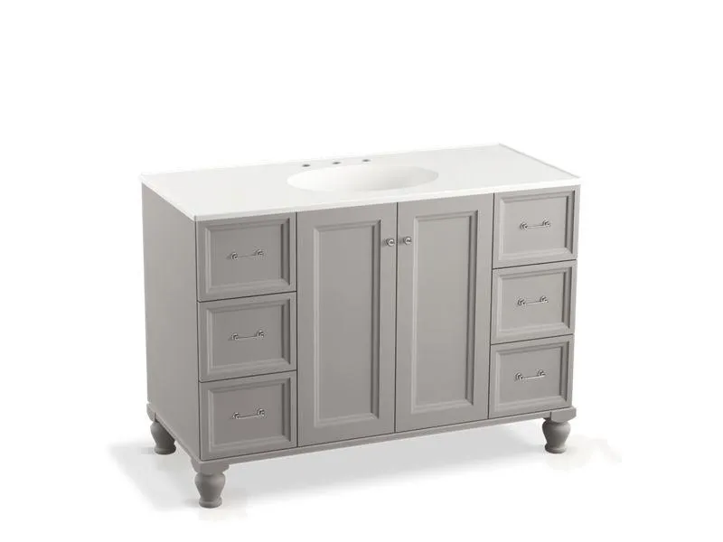 KOHLER K-99522-LGSD-1WA Damask 48" bathroom vanity cabinet with furniture legs, 2 doors and 6 drawers, split top drawers