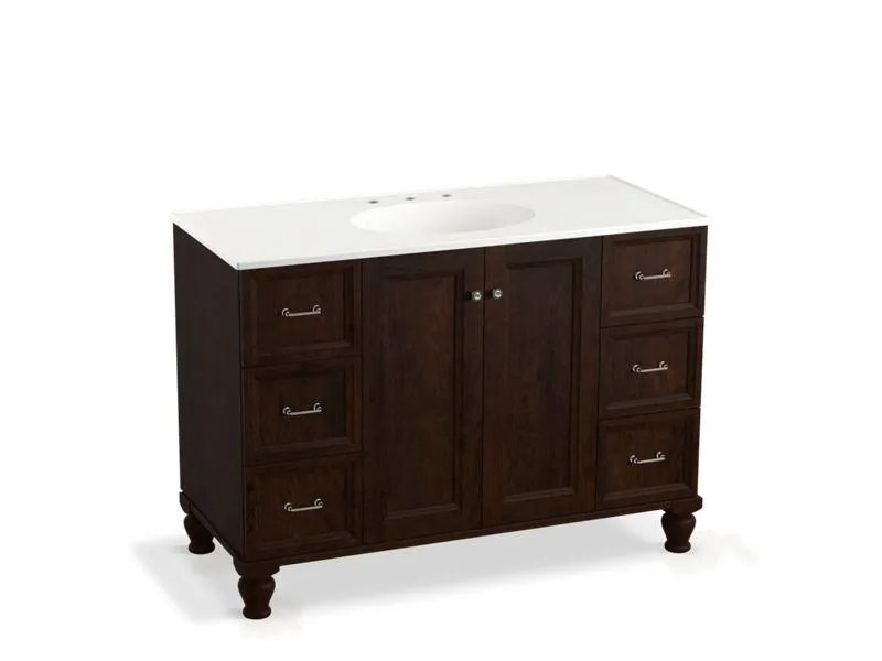 KOHLER K-99522-LGSD-1WA Damask 48" bathroom vanity cabinet with furniture legs, 2 doors and 6 drawers, split top drawers