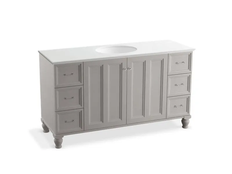 KOHLER K-99523-LG-1WA Damask 60" bathroom vanity cabinet with furniture legs, 2 doors and 6 drawers