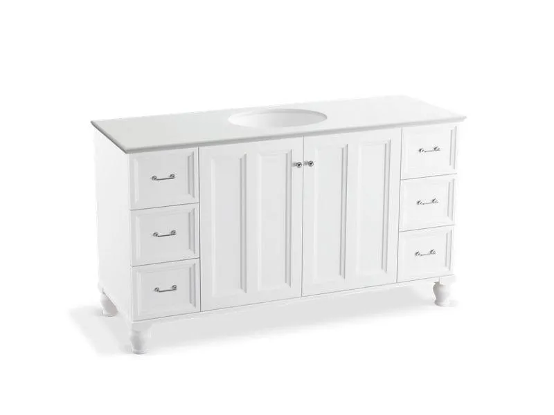 KOHLER K-99523-LG-1WA Damask 60" bathroom vanity cabinet with furniture legs, 2 doors and 6 drawers