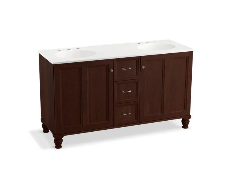 KOHLER K-99524-LGSD-1WA Damask 60" bathroom vanity cabinet with furniture legs, 2 doors and 3 drawers, split top drawer