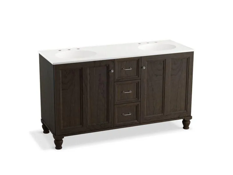 KOHLER K-99524-LGSD-1WA Damask 60" bathroom vanity cabinet with furniture legs, 2 doors and 3 drawers, split top drawer