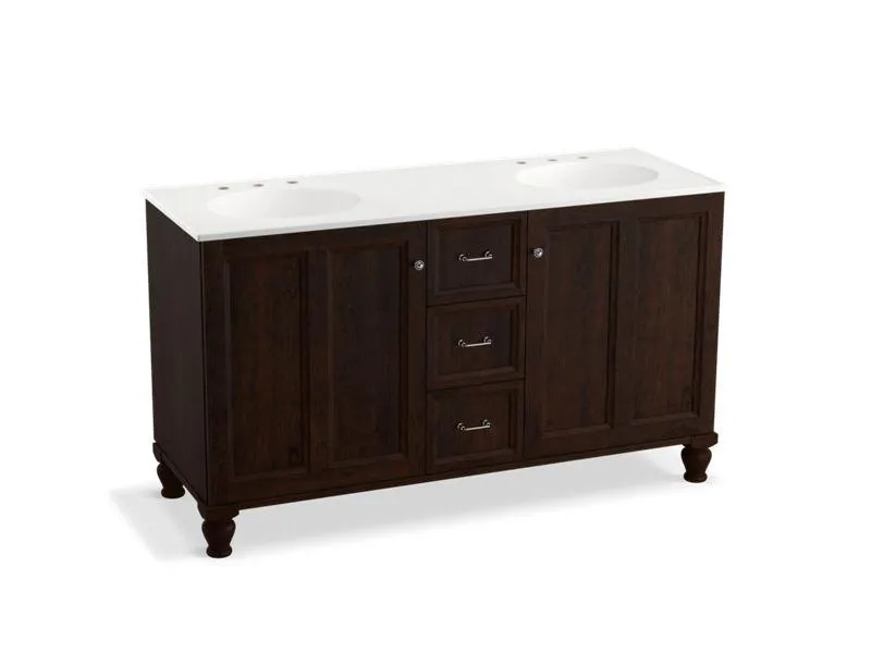 KOHLER K-99524-LGSD-1WA Damask 60" bathroom vanity cabinet with furniture legs, 2 doors and 3 drawers, split top drawer