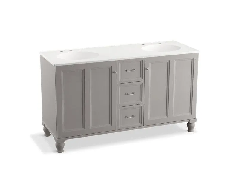 KOHLER K-99524-LGSD-1WA Damask 60" bathroom vanity cabinet with furniture legs, 2 doors and 3 drawers, split top drawer