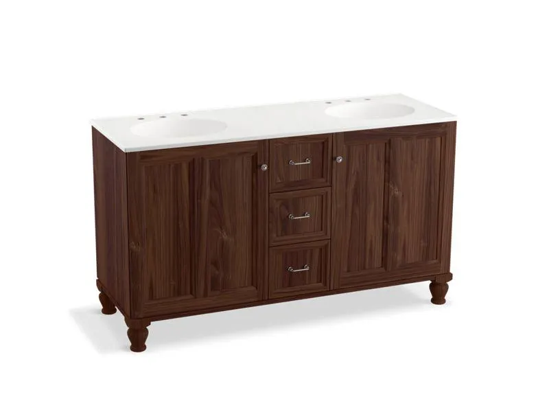 KOHLER K-99524-LGSD-1WA Damask 60" bathroom vanity cabinet with furniture legs, 2 doors and 3 drawers, split top drawer