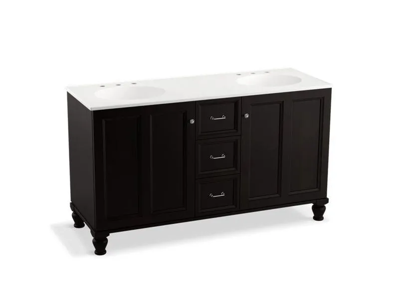 KOHLER K-99524-LGSD-1WA Damask 60" bathroom vanity cabinet with furniture legs, 2 doors and 3 drawers, split top drawer