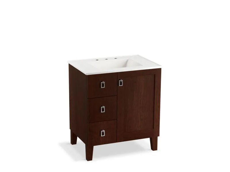 KOHLER K-99530-LGL-1WB Poplin 30" bathroom vanity cabinet with legs, 1 door and 3 drawers on left