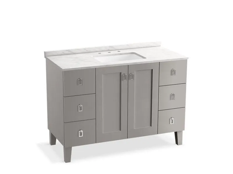 KOHLER K-99535-LGSD-1WA Poplin 48" bathroom vanity cabinet with legs, 2 doors and 6 drawers, split top drawers