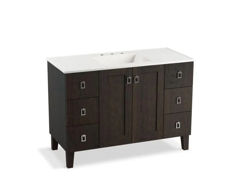 KOHLER K-99535-LGSD-1WA Poplin 48" bathroom vanity cabinet with legs, 2 doors and 6 drawers, split top drawers