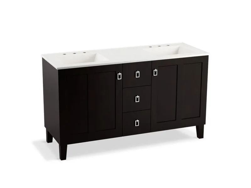 KOHLER K-99537-LGSD-1WA Poplin 60" bathroom vanity cabinet with legs, 2 doors and 3 drawers, split top drawer