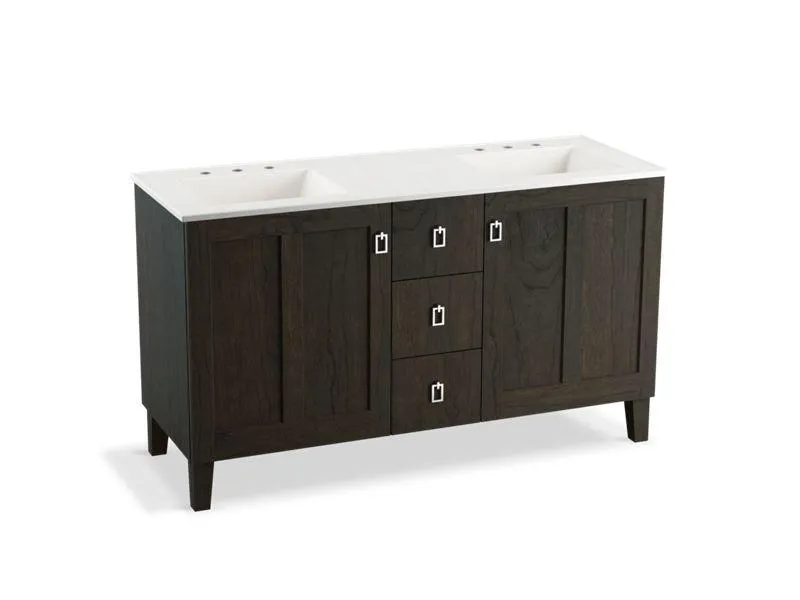KOHLER K-99537-LGSD-1WA Poplin 60" bathroom vanity cabinet with legs, 2 doors and 3 drawers, split top drawer