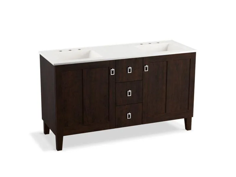 KOHLER K-99537-LGSD-1WA Poplin 60" bathroom vanity cabinet with legs, 2 doors and 3 drawers, split top drawer