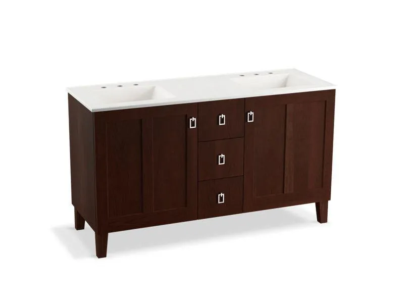KOHLER K-99537-LGSD-1WA Poplin 60" bathroom vanity cabinet with legs, 2 doors and 3 drawers, split top drawer