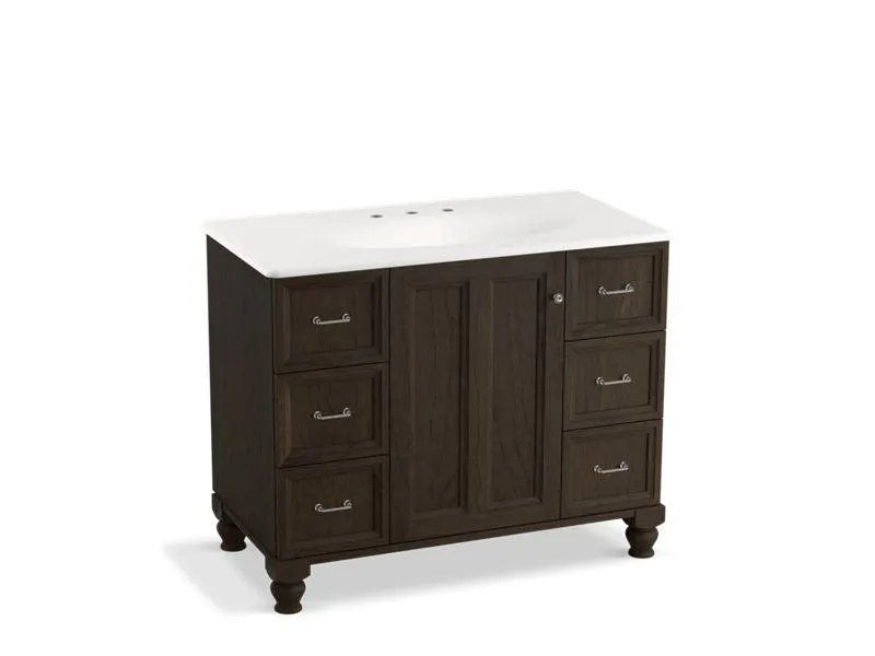 KOHLER K-99563-LG-1WA Damask 42" bathroom vanity cabinet with furniture legs, 1 door and 6 drawers