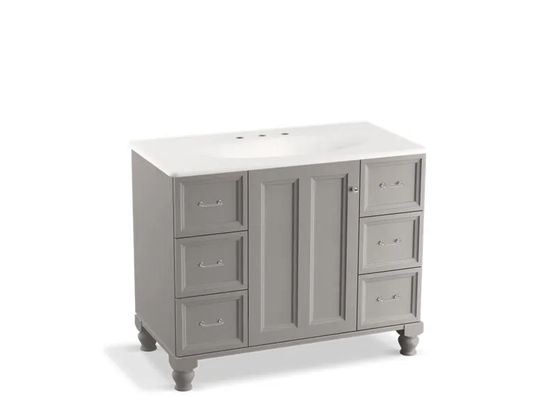KOHLER K-99563-LG-1WA Damask 42" bathroom vanity cabinet with furniture legs, 1 door and 6 drawers