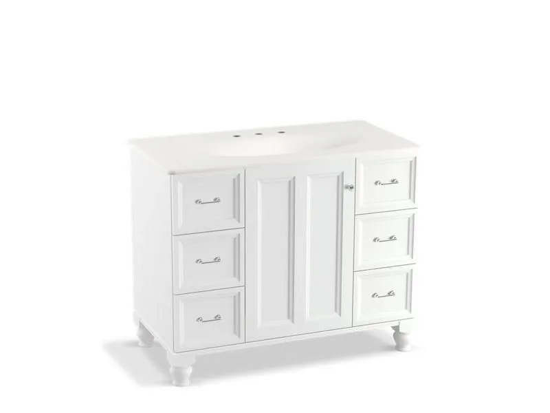 KOHLER K-99563-LG-1WA Damask 42" bathroom vanity cabinet with furniture legs, 1 door and 6 drawers