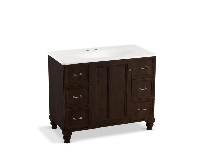 KOHLER K-99563-LG-1WA Damask 42" bathroom vanity cabinet with furniture legs, 1 door and 6 drawers