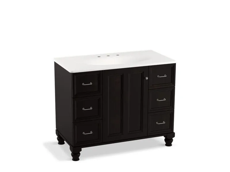 KOHLER K-99563-LG-1WA Damask 42" bathroom vanity cabinet with furniture legs, 1 door and 6 drawers