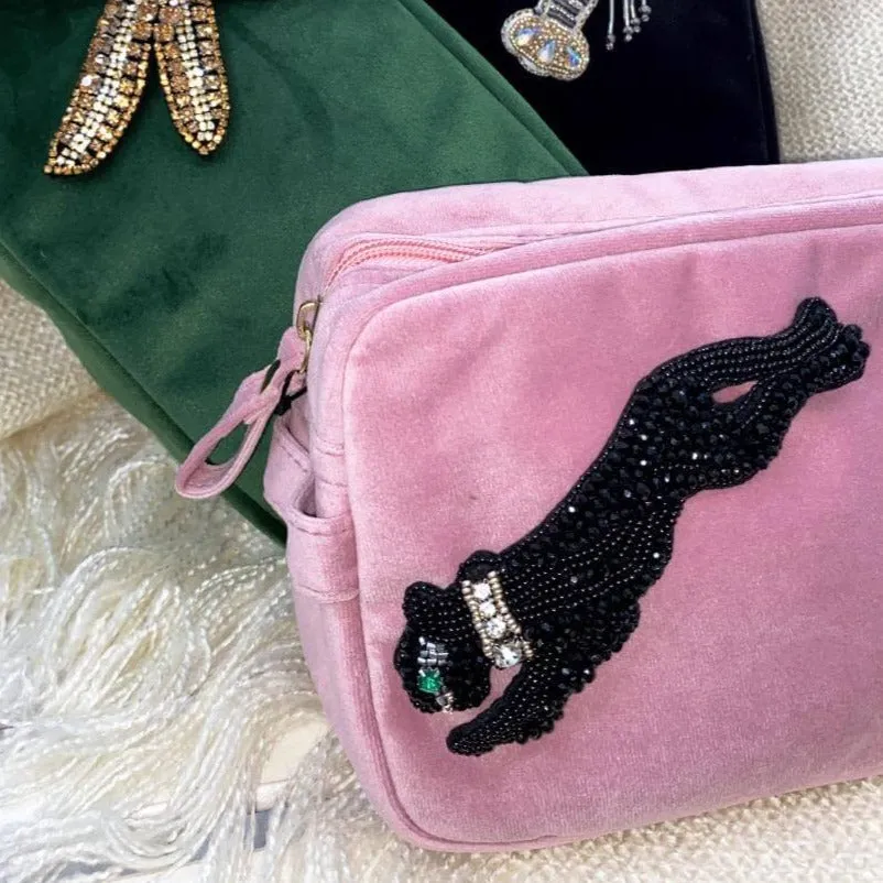 Laines London Pink Velvet Bag - Black Panther