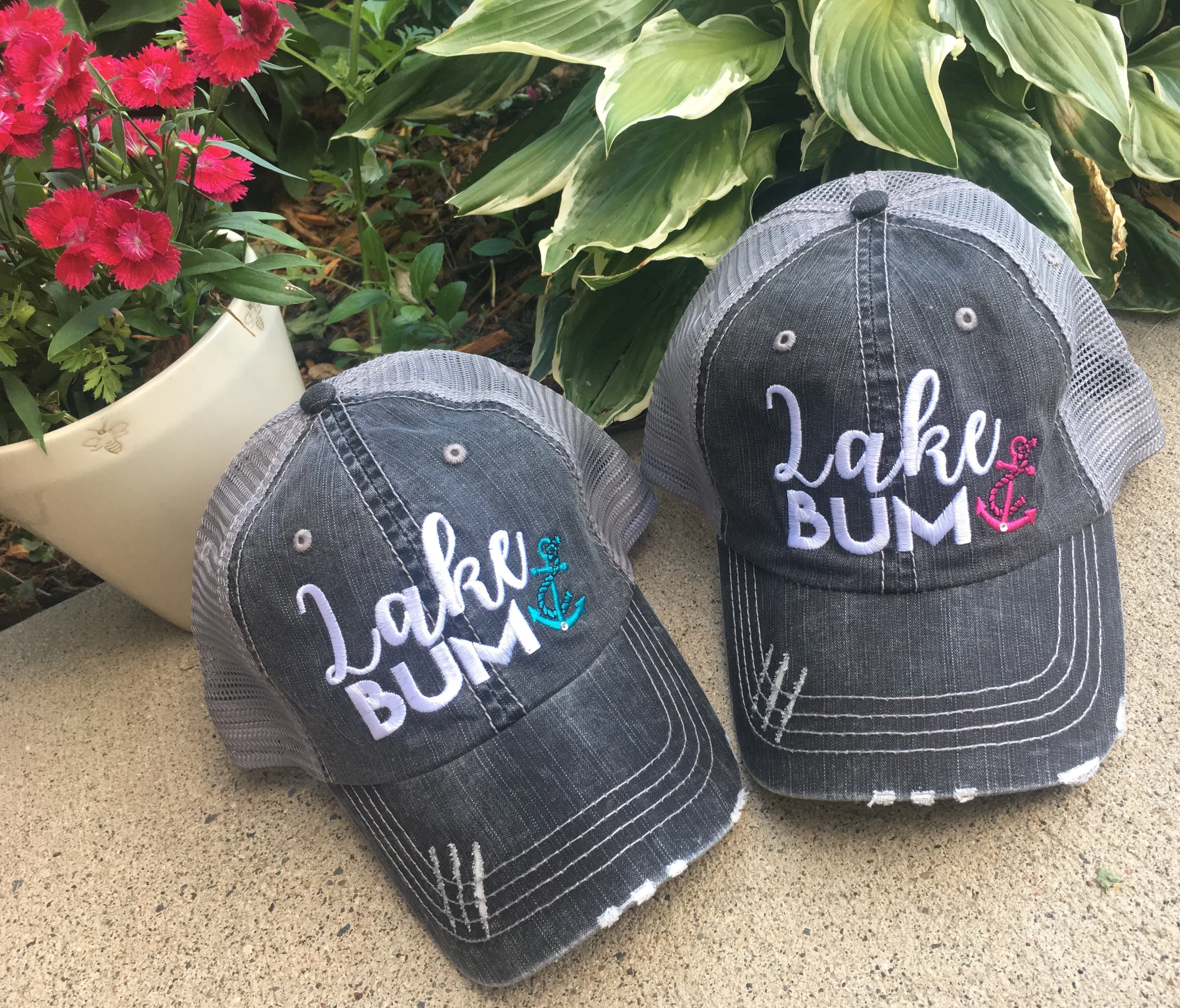 Lake and beach hats Lake bum Beach bum Embroidered unisex trucker caps Seashells Anchors