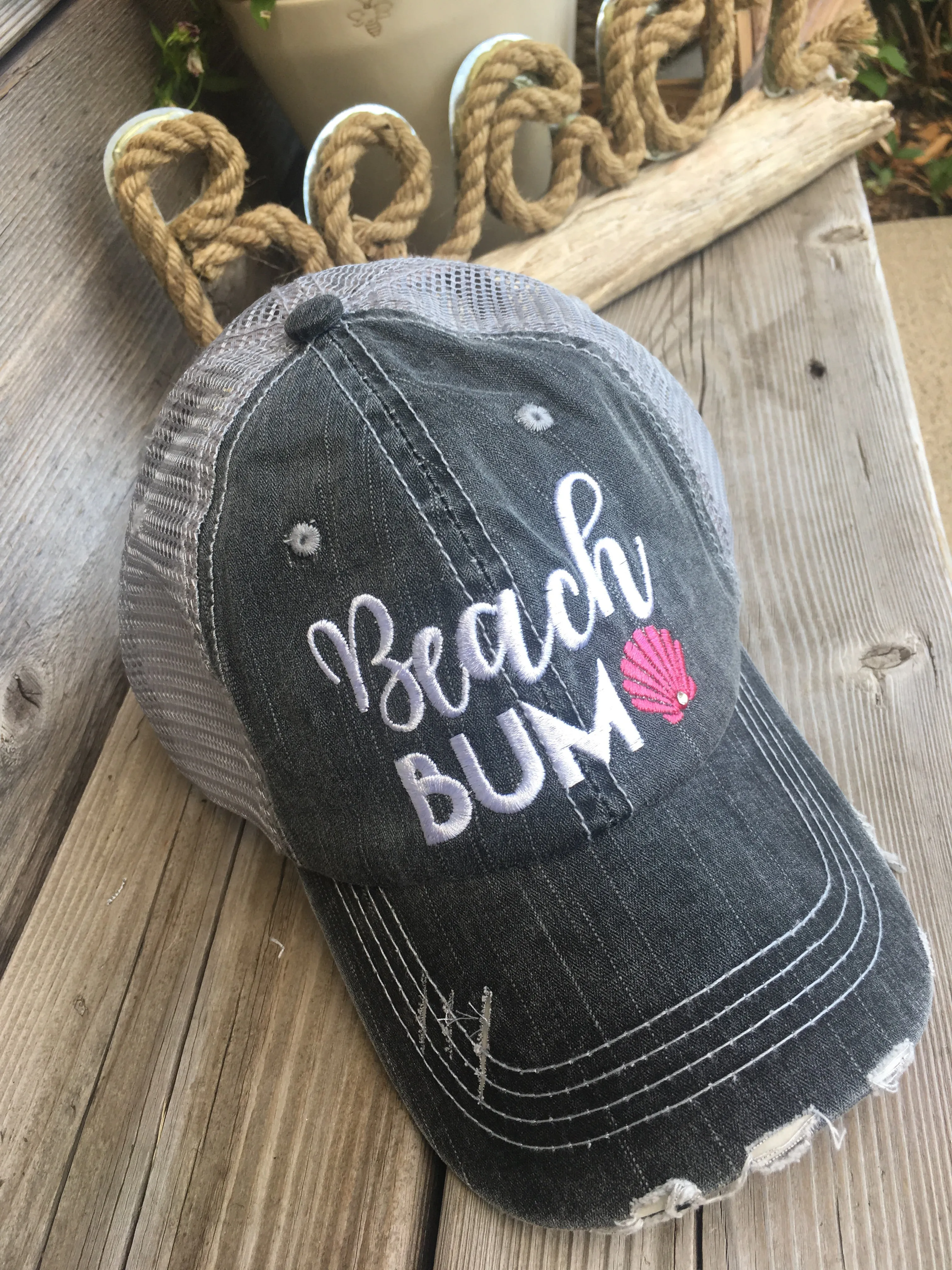 Lake and beach hats Lake bum Beach bum Embroidered unisex trucker caps Seashells Anchors