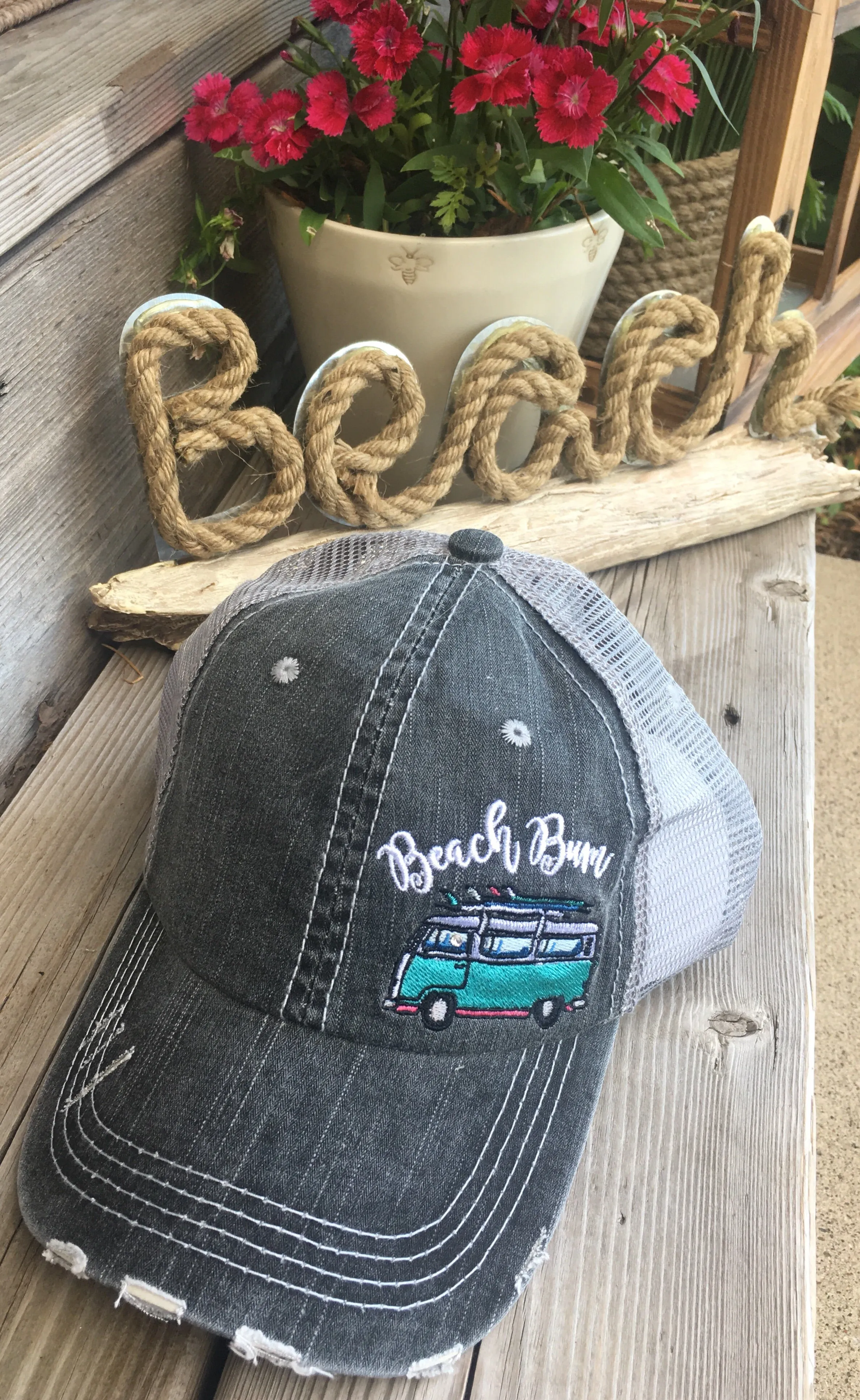 Lake and beach hats Lake bum Beach bum Embroidered unisex trucker caps Seashells Anchors