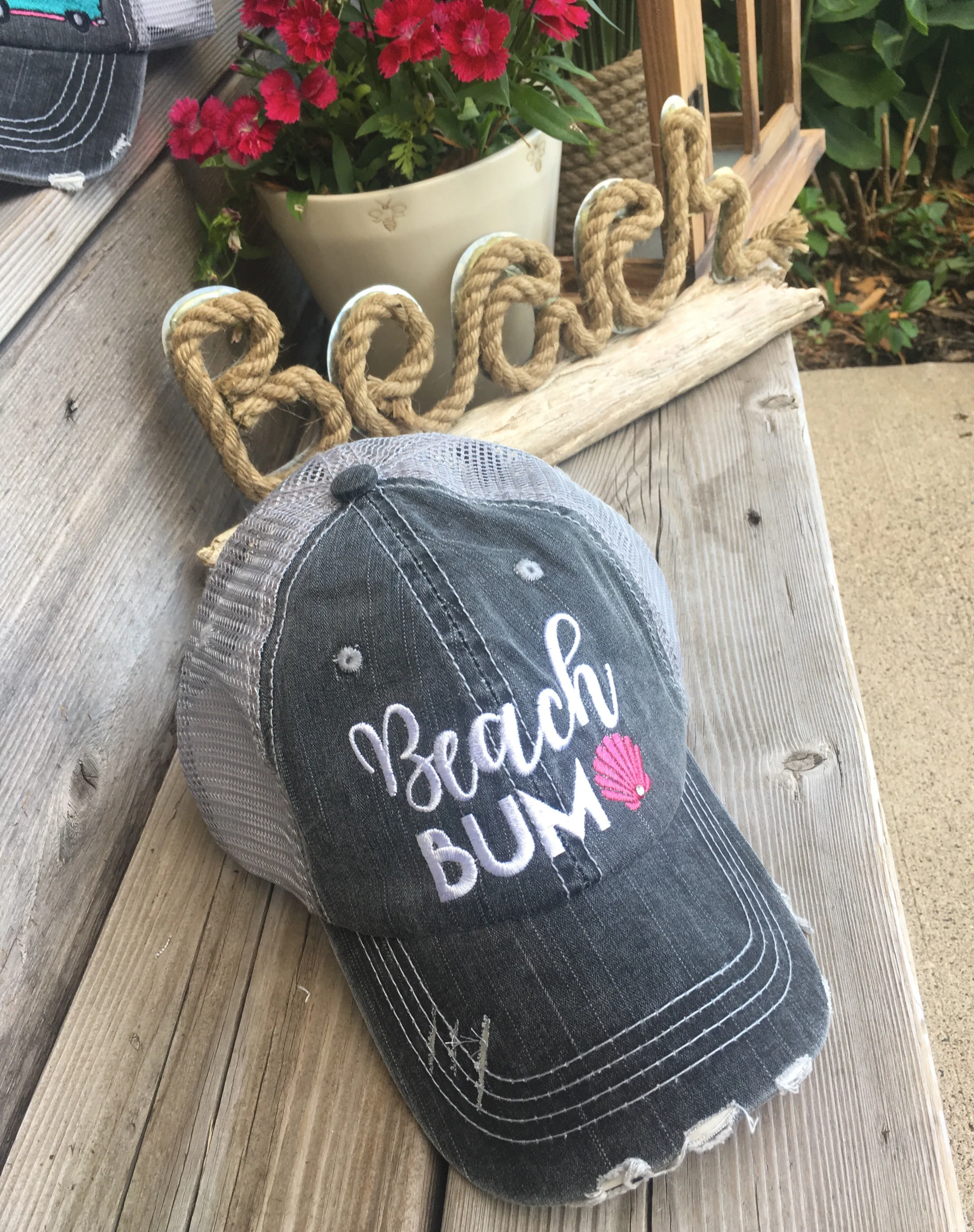 Lake and beach hats Lake bum Beach bum Embroidered unisex trucker caps Seashells Anchors
