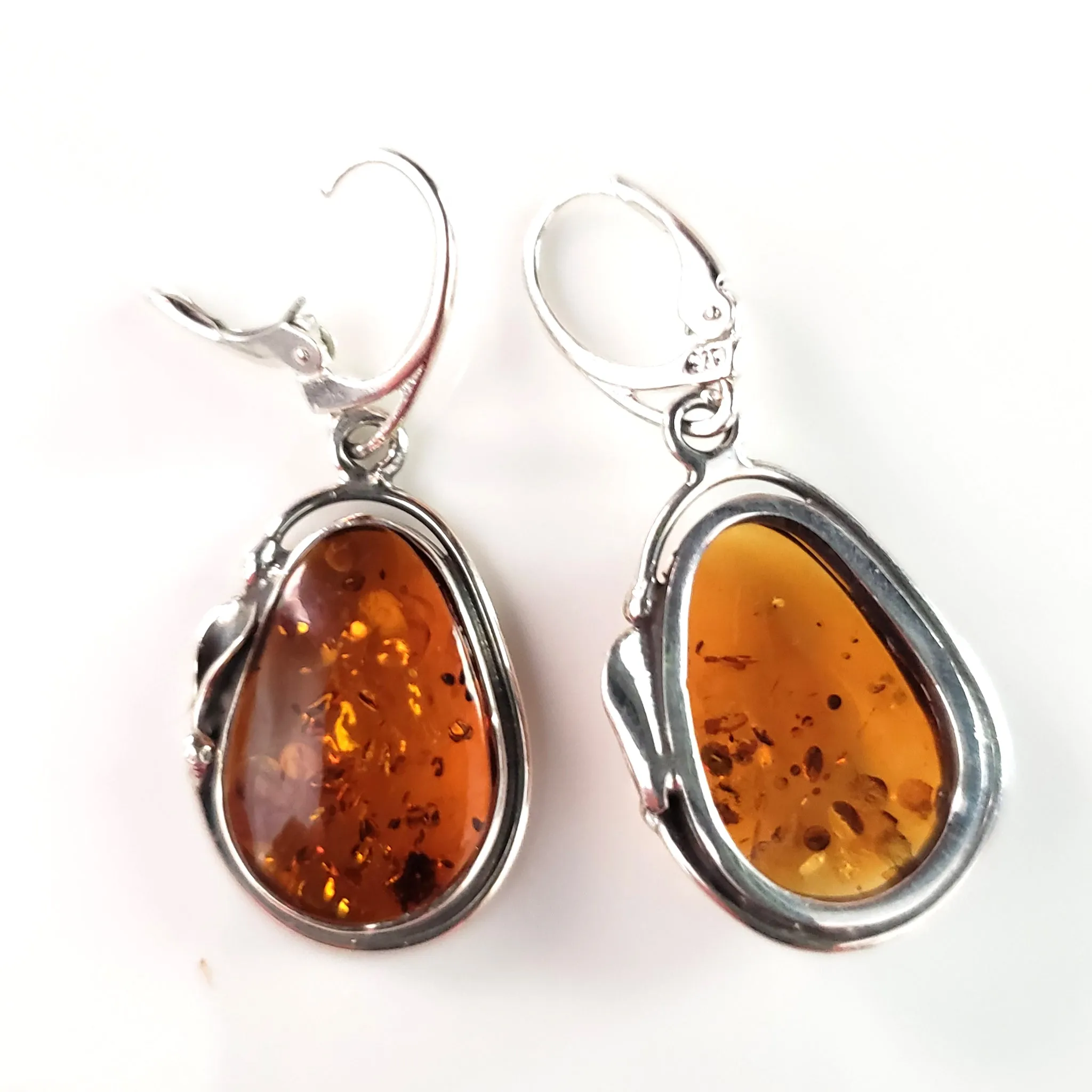 Large Cognac Amber Earrings in Sterling Silver