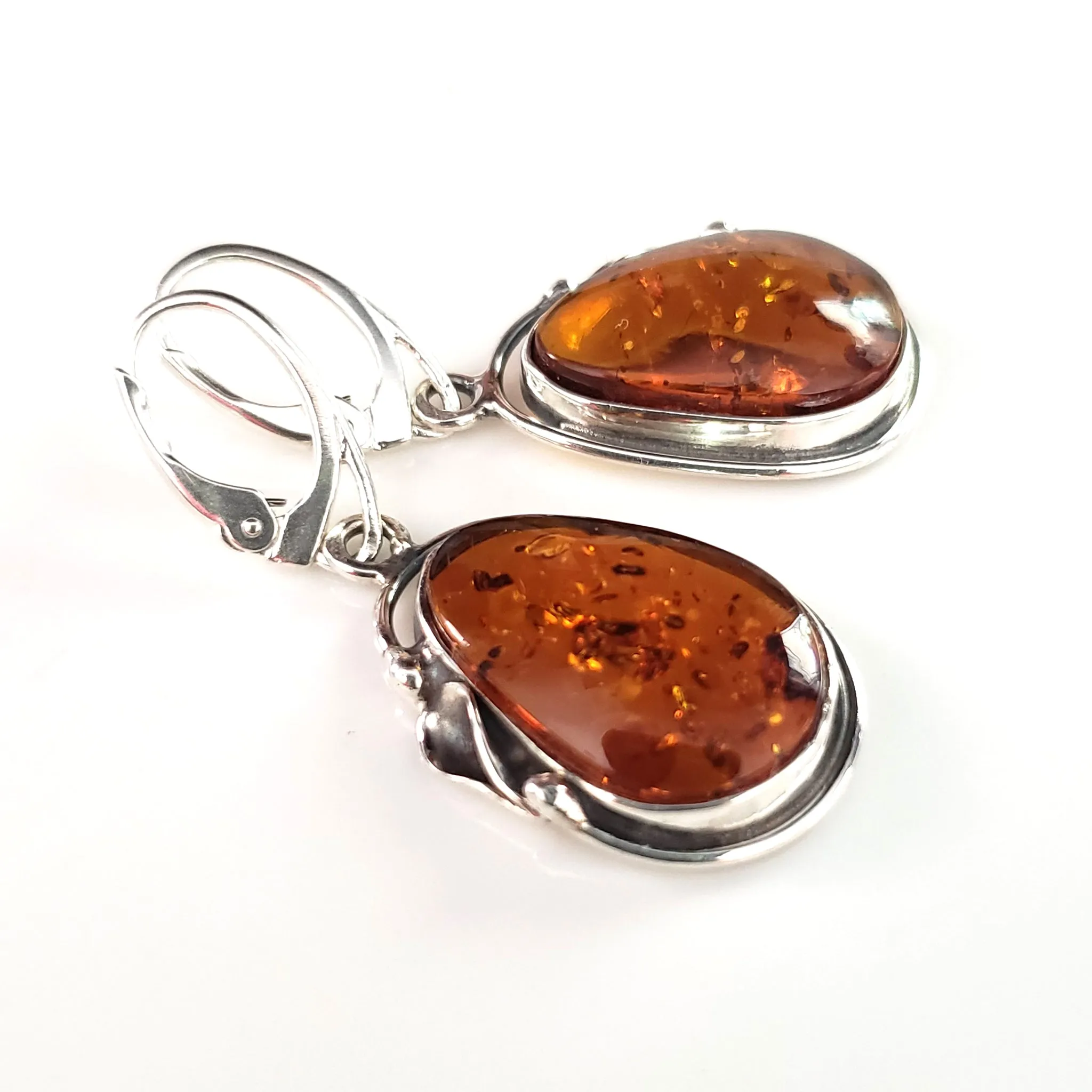 Large Cognac Amber Earrings in Sterling Silver