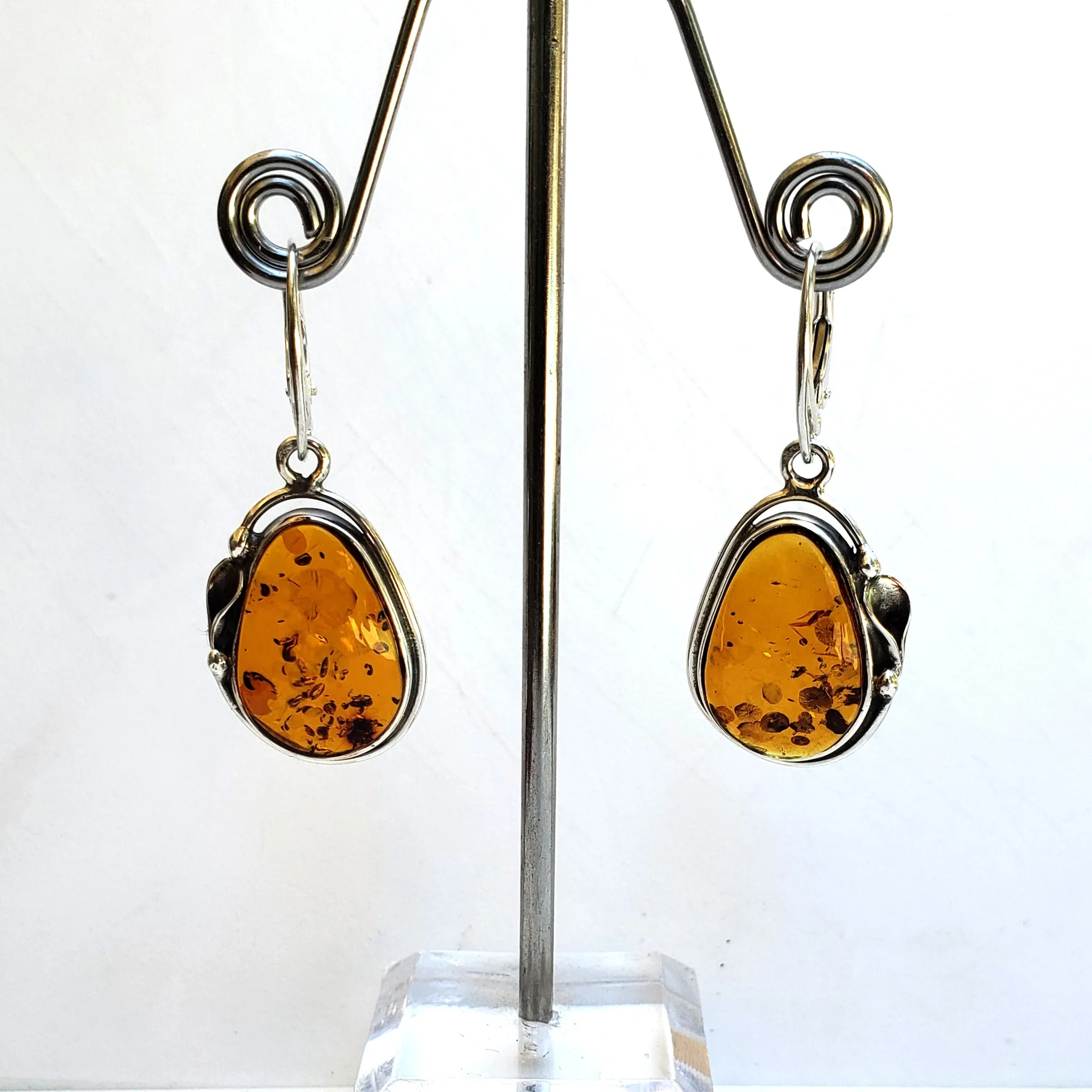 Large Cognac Amber Earrings in Sterling Silver