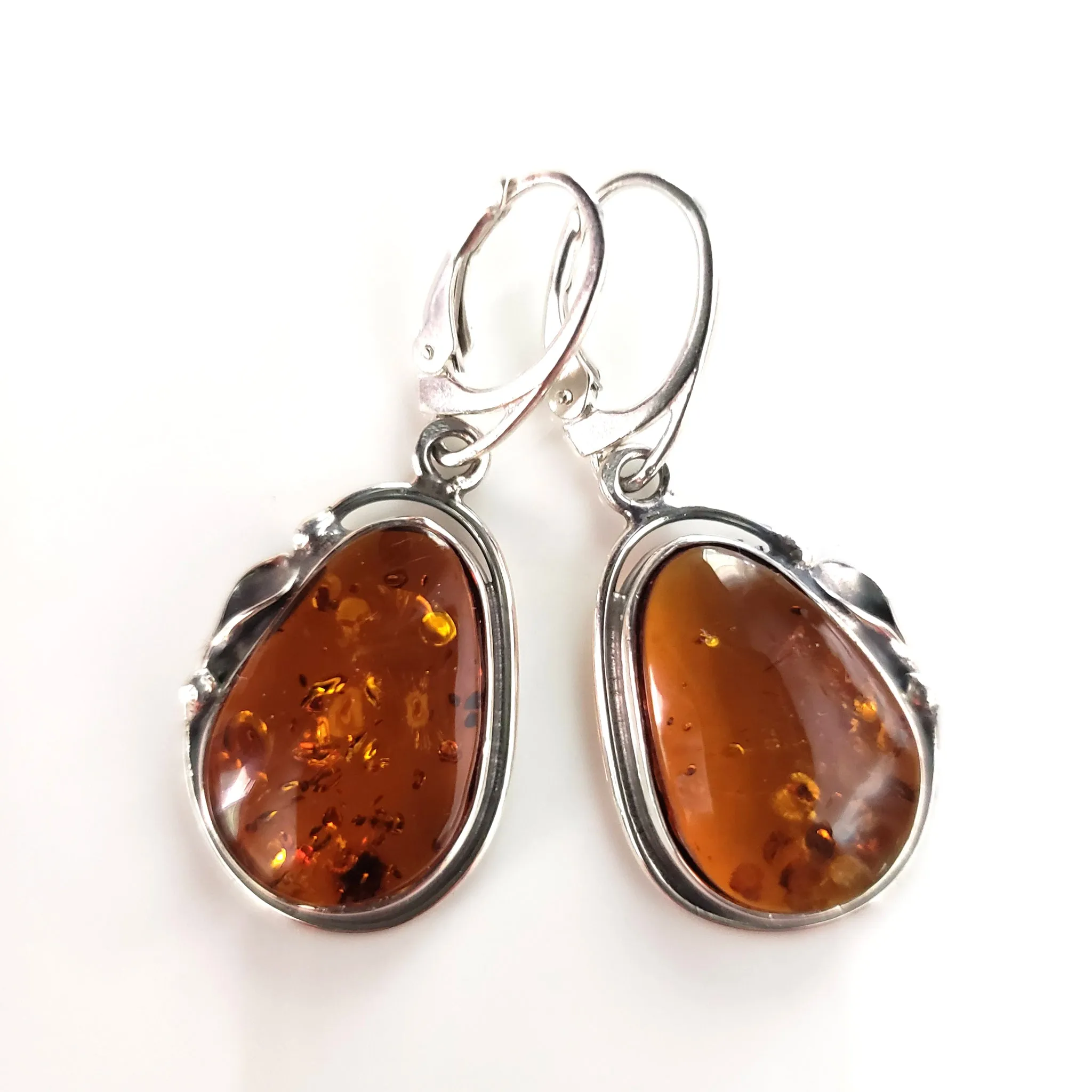 Large Cognac Amber Earrings in Sterling Silver