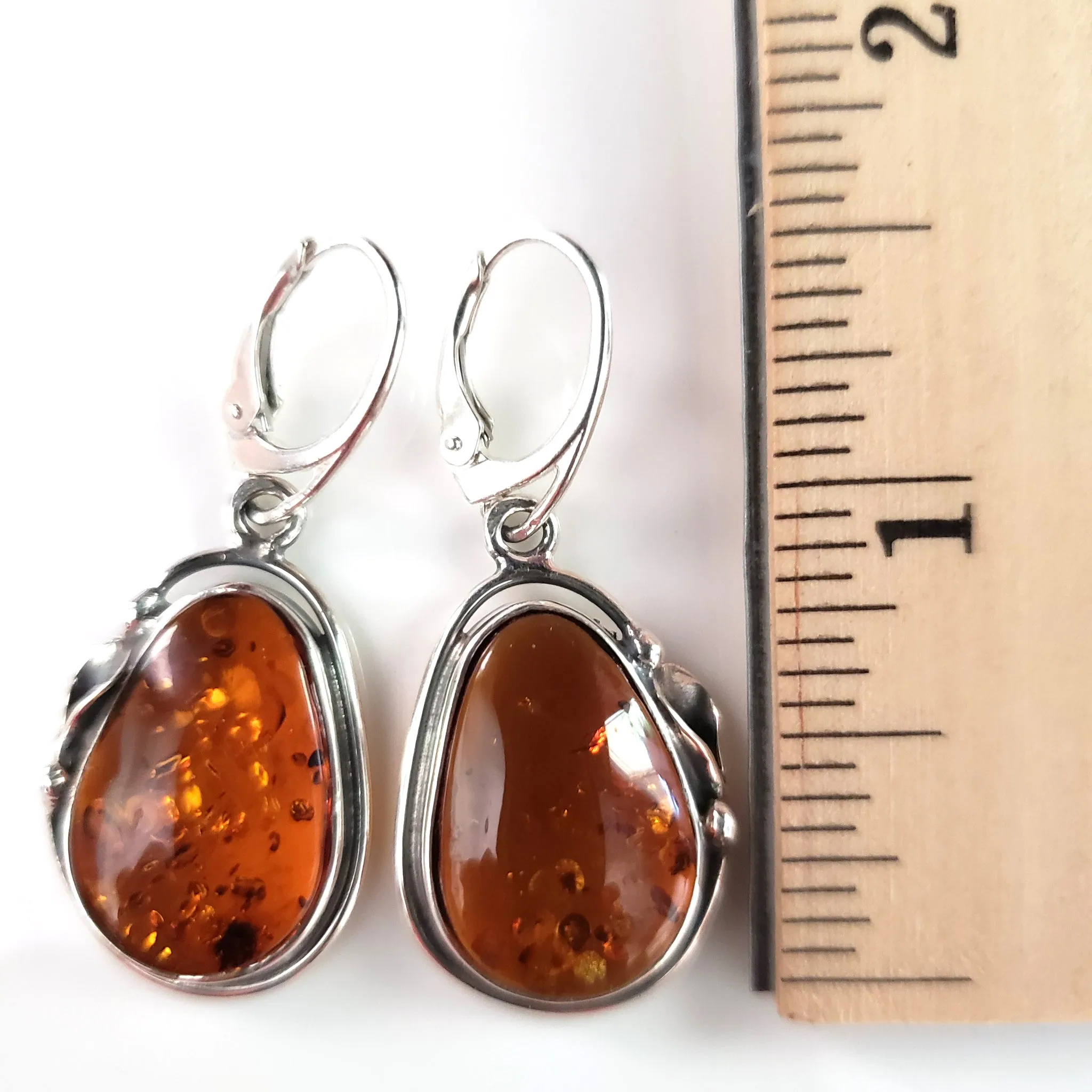 Large Cognac Amber Earrings in Sterling Silver