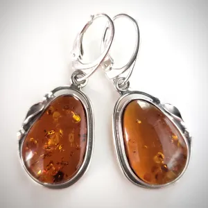 Large Cognac Amber Earrings in Sterling Silver