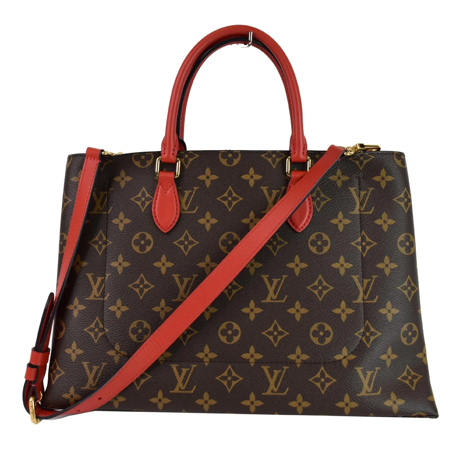 LOUIS VUITTON Flower Monogram Canvas Tote Bag Brown/Red