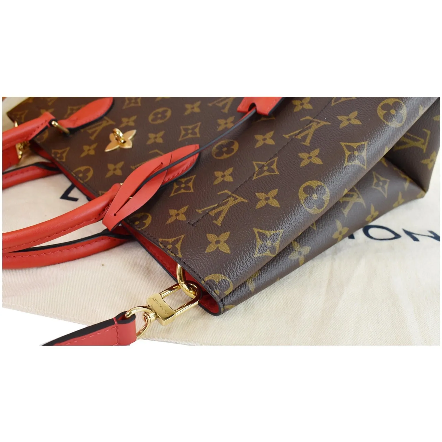 LOUIS VUITTON Flower Monogram Canvas Tote Bag Brown/Red