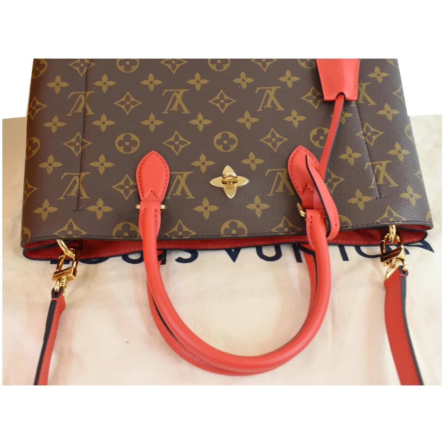 LOUIS VUITTON Flower Monogram Canvas Tote Bag Brown/Red